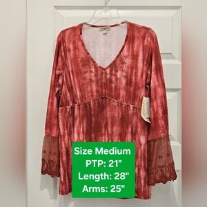 One World Tie-Dye Top with Lace Sleeves, NWT, Size Medium